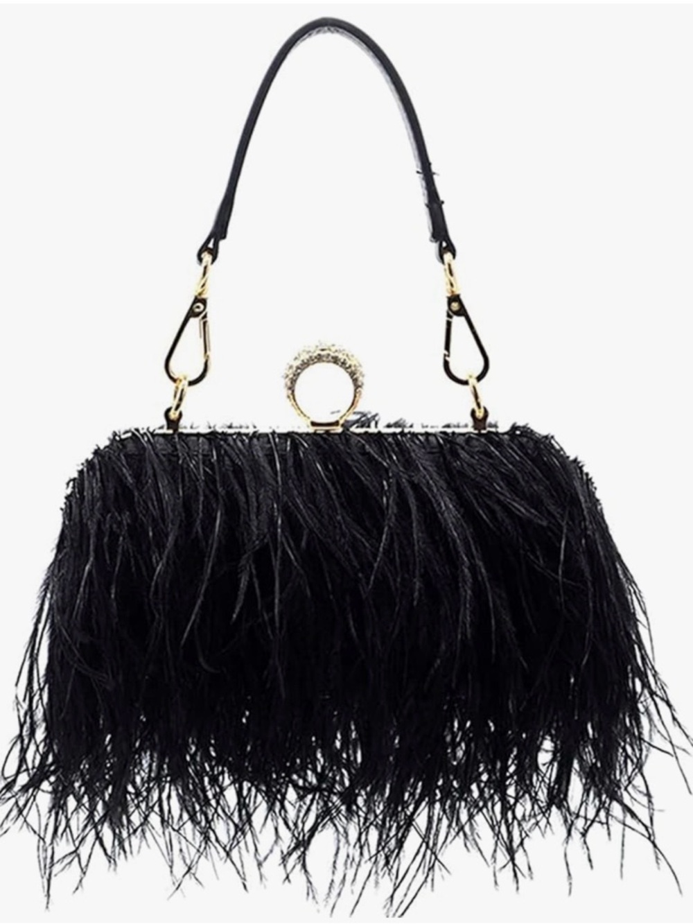 Source Unknown Black Feather Clutch with Rhinestone Ring Clasp
